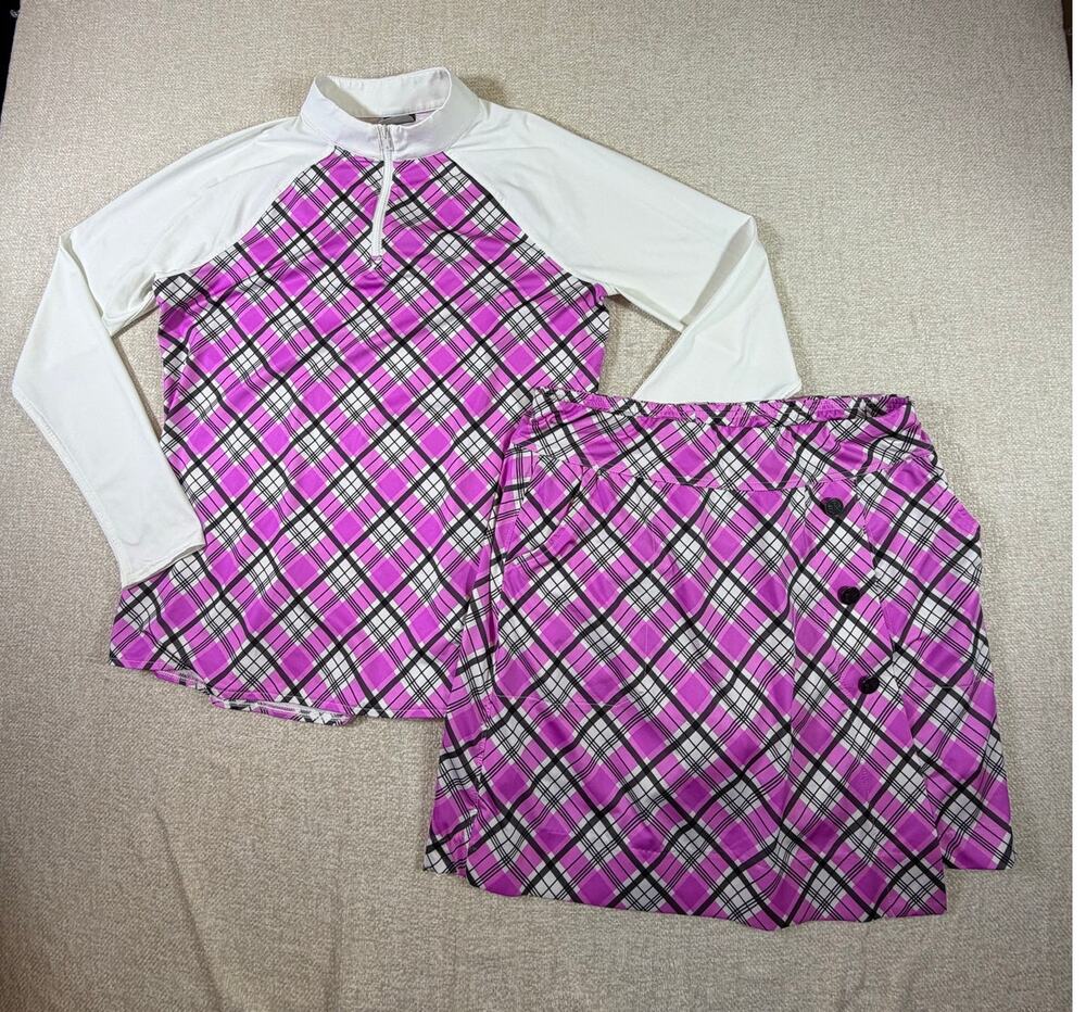 Belyn Key Women M Pink White Plaid Golf Skort Long Sleeve Top Athletic Set
